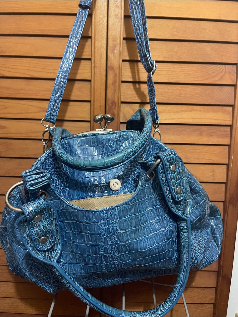Blue Croc-Textured Women’s Shoulder Bag - Picture 2 of 2